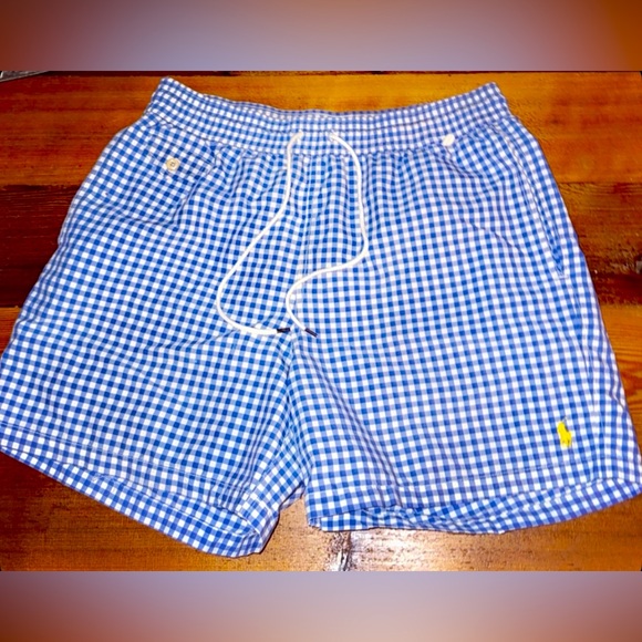 Polo Ralph Lauren gingham blue white trunks mesh lining 5.5” XL drawstring - Picture 3 of 9